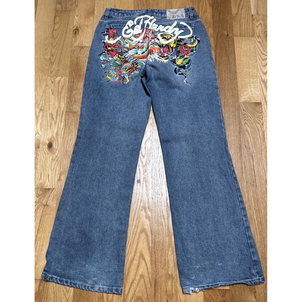 Ed Hardy Multi Tattoo Relaxed Baggy Jeans Women's Size 28 Painted Logo Koi